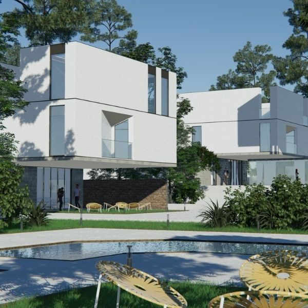 A landscape design visualization of a garden with trees, plants, and hardscaping elements, demonstrating SketchUp Studio's ability to create detailed outdoor environments.